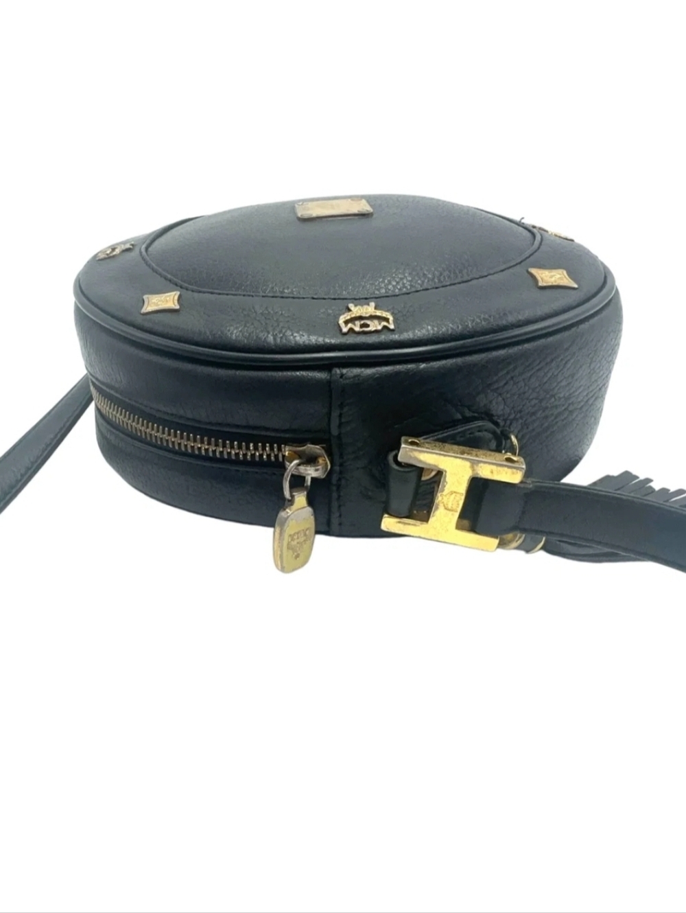 SOLD MCM Black Round Leather Crossbody with Gold Hardware and Tassels - Picture 7 of 8